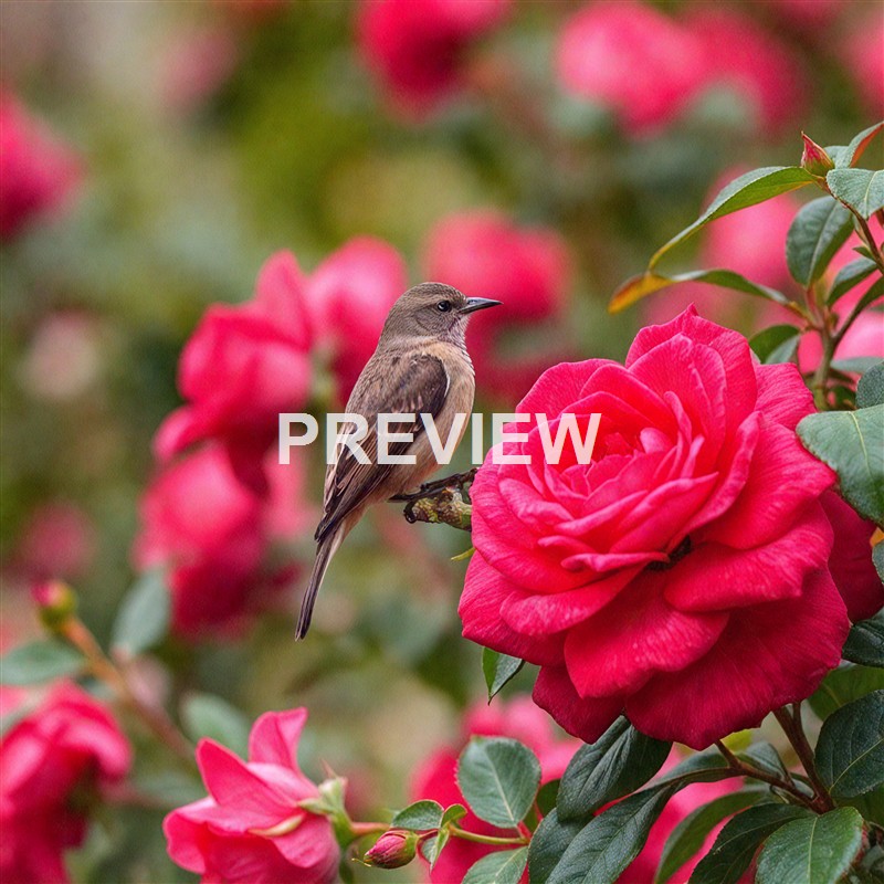 A small brown bird perched on a branch amidst vibrant pink roses with a blurred background of similar flowers.